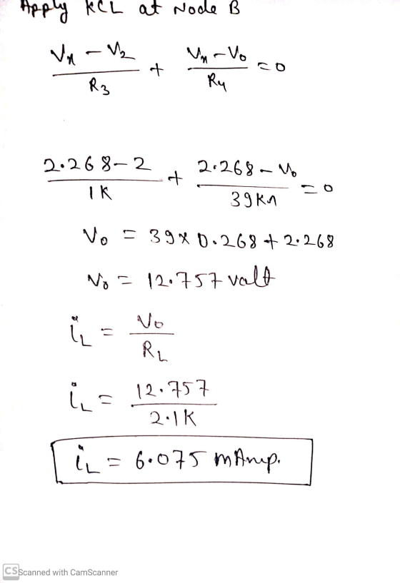Apply kel KCL at Node B Vn V₂ Un avo co t R3 Ry 2.268-2 2.268 - t 0 IK 39kn Vo = 3940.268 +2.268 No = 12.757 valt os RL ius 1