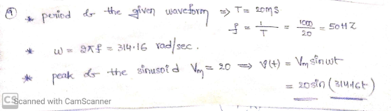 - period of the given waveform T= 20ms. fute = 50Hz W= 9x6 = 314.16 yad sec. * peak of the sinusoid Vm= 20 = V(t) = Von sinut