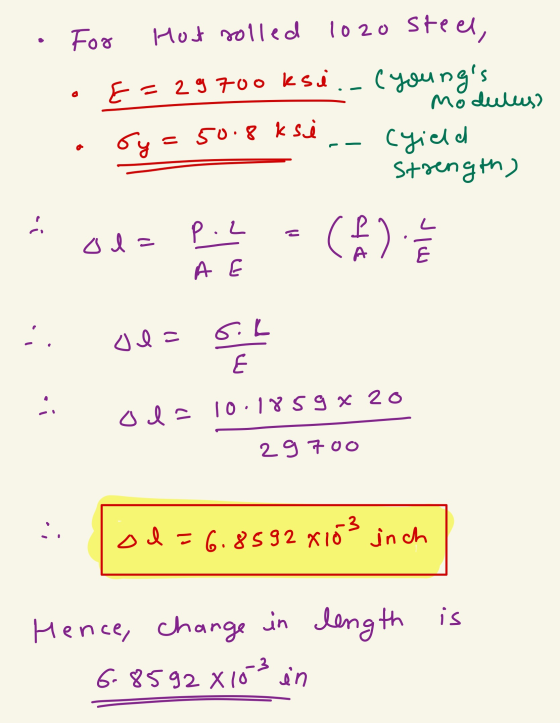 For Hot rolled 1020 steel, . E=29700 ksi._(youngs Modulus) by = 50.8 ksé.- Cyield - Strength) a ol= p.2 AE code pe C 앞 o Ic