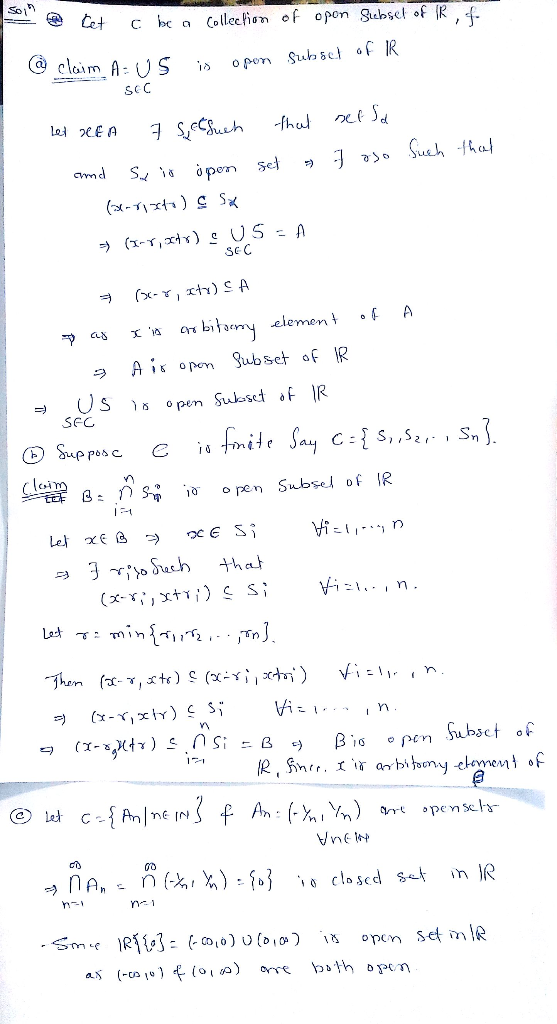 So, = tet c bc a Collection of opon Subset of IR, a claim Aus is opon subset of IR SCC Let REA 7 Setsuch that set Sa and Sue