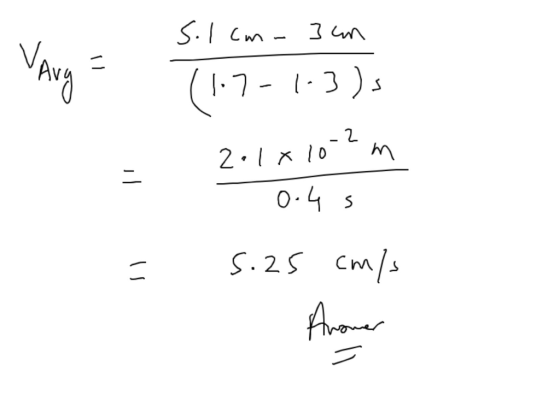 S. I com- } un Vary = (1.7 7-1-3)s - 2 2.1x10 m = 0.4s II s.25 cm/s Aromer =