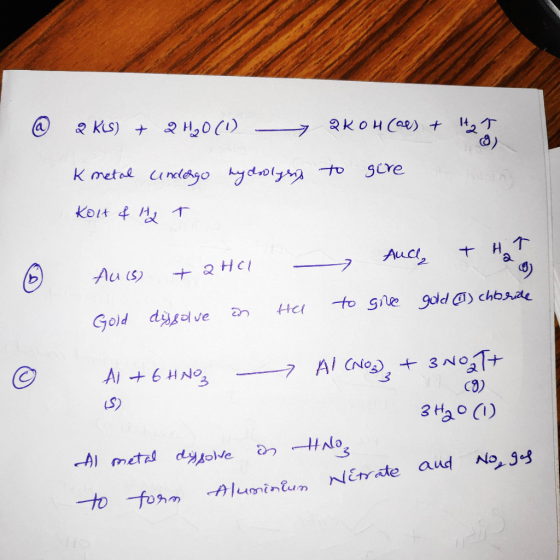 @ 2 KLS) + 2 H₂0 (1) 2KOH (ad) + 427 hydrolysis to give K metal undergo Kolt & HT Aucle that to give gold (1) chbride Hal Auc