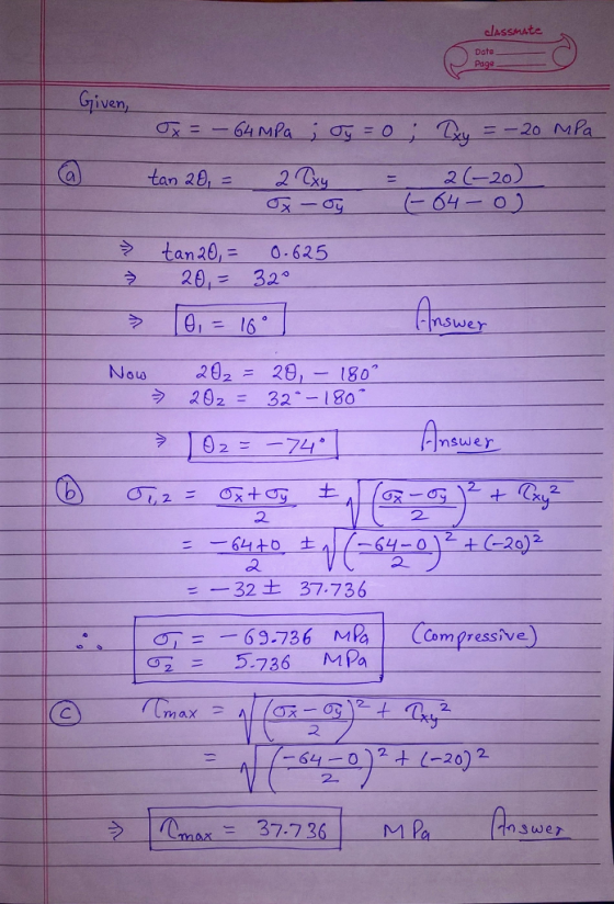 classmate Date ven tan 28, 22 2(--20 ) 64- = tan 26-0-625 26.- 32° nswer Now 202 29, 180 262-32-180- う 9274 mswer 2 2 -32土37