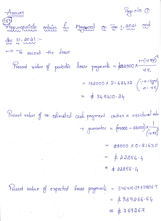 (183 Answer Page: nlo 0 remporte le entries for Maywood ou ilan l, 2081 and dece 3.1.2018 ! :- - To record the lease Present