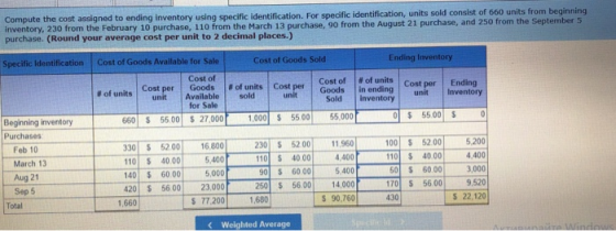 Compute the cost assigned to ending inventory using specific identification. For specific identification, units sold consist