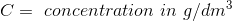C = concentration in g/dm3