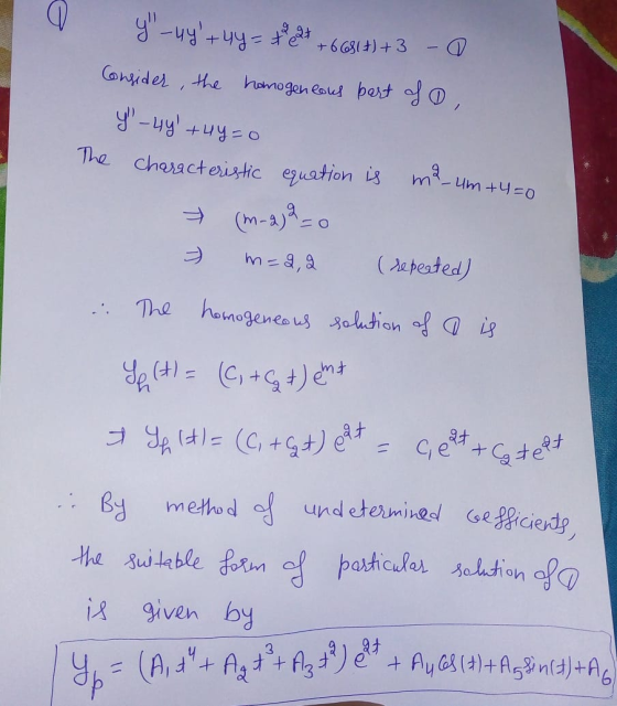 G +66( t) + 3 - y - 4y + 4y = te Consider, the homogeneous part of y 44 +4y=o ma_um+4=0 The characteristic equation is m=2