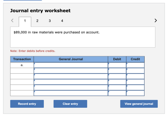 Journal entry worksheet < 1 2 4 $89,000 in raw materials were purchased on account. Note: Enter debits before credits. Transa