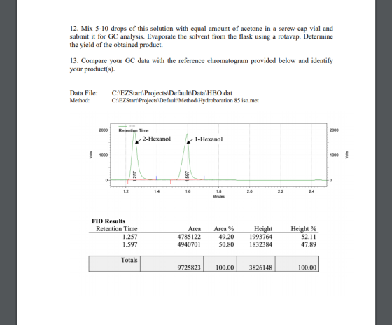 12. Mix 5-10 drops of this solution with equal amount of acetone in a screw-cap vial and submit it for GC analysis. Evaporate