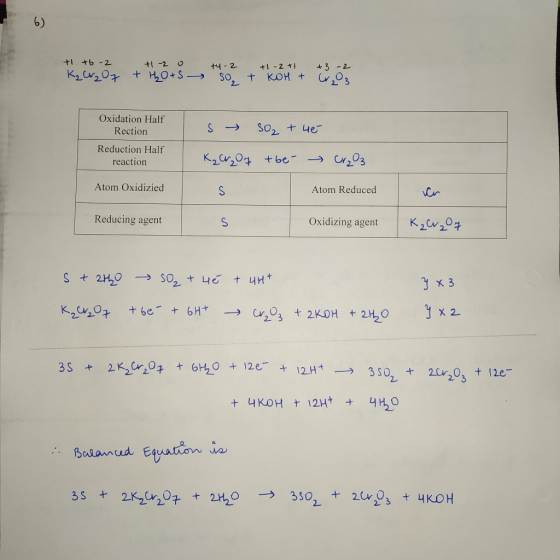 t1 t6 -2 +-2 O + 2 t KOH t 3 +4-2 3-2 Oxidation Half S So2 +4e Rection Reduction Half K2 cr20 be Cr203 reaction Atom Oxidizie