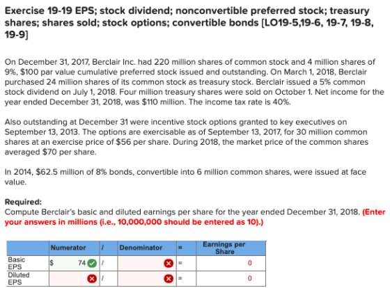 Exercise 19-19 EPS; stock dividend; nonconvertible preferred stock; treasury shares; shares sold; stock options, convertible
