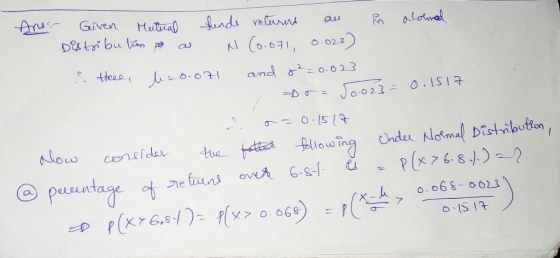 Ans Given Mutual funde returns are allowed Distributions ook a N (0.071, 0.023) theee beooz1 and 2²=0.023 Dra Jo.023 = 0.1517