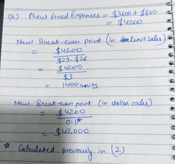 a & (3) New fixed Expenses a $3600+ $600 - z $4200 Mew Break-even point (in datint sales $4200 $29-$26 $4200 2 1400 units Ne