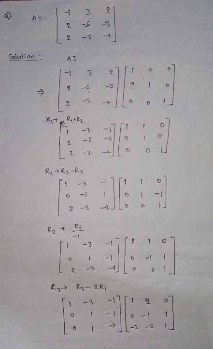 -1 3 A= 2 --3 2 -S Soleation : AI -1 3 2 오 - 11 -S 2 b .Rite Rutra O -3 1 2 0 2 -S R₂ ~ R2-R3 - 1 6 2-S -4 R2 + R₂ 1 1 0 -1 -
