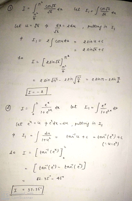 I Cosx x dx let I, = f cost ax 2 let u=de & dx=adu , putting in I Cosudu = 2 sin u to 2 sindat 4o 1= [ zsinca) - sin soi- ein