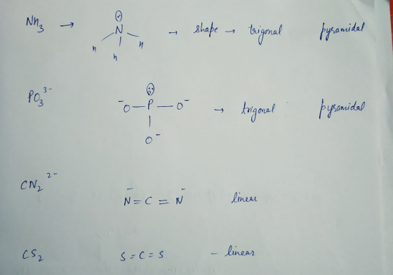 N - shape trigonal pyramidal и и o-p_o trigonal . Pysomidal 2- CM, N=C=N s=c=s