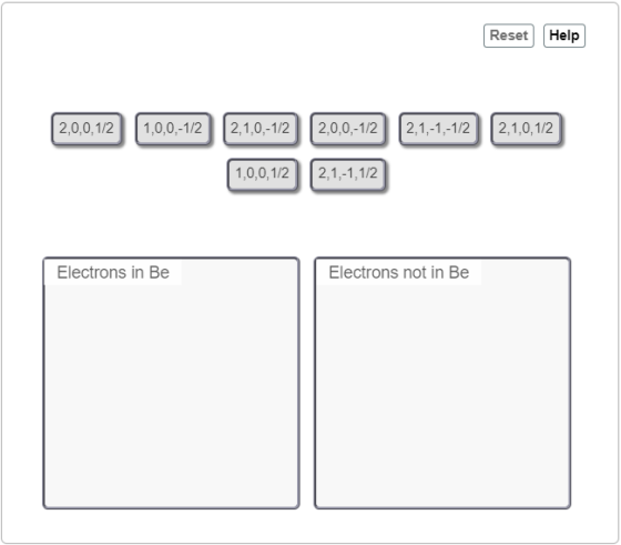 Reset Help 2,0,0,1/2 2,1,0,-1/2 2,1,-1-1/2 1,0,0,-1/2 2,0,0,-1/2 2,1,0,1/2 1,0,0,1/2 2,1,-1,1/2 Electrons in Be Electrons not