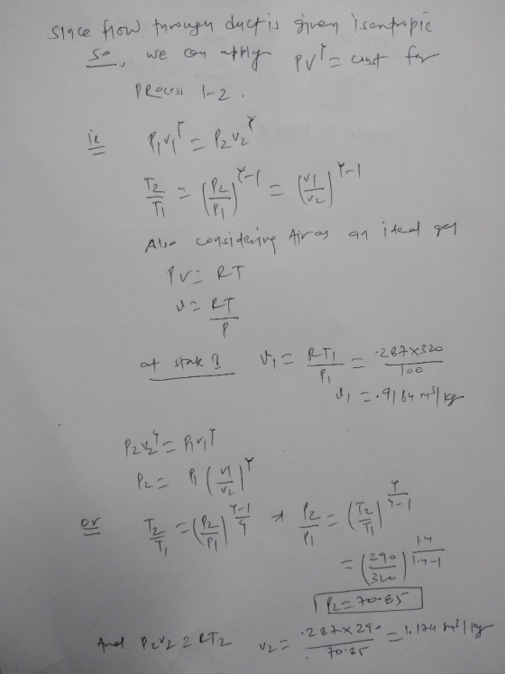 since flow through duct is so we on apply Process 1-2. given isentropie Puliz cunt for an ideal gay Also considering Airas PO