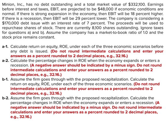 Minion, Inc., has no debt outstanding and a total market value of $332,100. Earnings before interest and taxes, EBIT, are pro