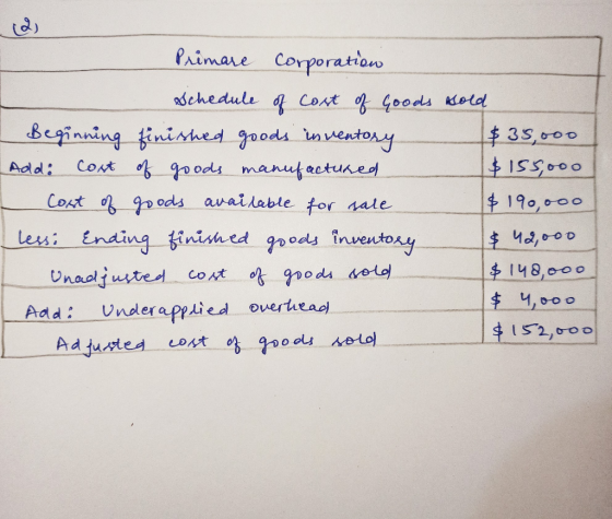 (2) Primare corporation Schedule of cost of Goods sold I Beginning finished goods inventory $ 35,000 Add: cost of goods manuf