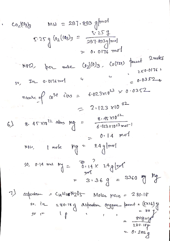 Coscoss - 291.893 MW (02 (09)3 25 0. OI76 mol 2makes NO 2x0.0174 0.03 52 In 6.02 3xt0 x o 0352 nunte Co 22 2 23 x10 6 023 x10