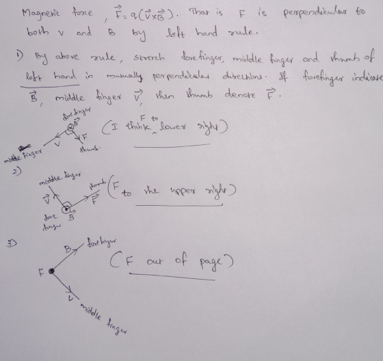 fore both v Magnene F = a (V x3). That is F is perpendicular to and by left hand sule By above rude, stretch fore finger, mid