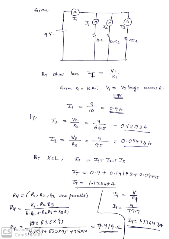 Given 9 . 16.50 3952 By Ohms law, If = var Girm R1 = lok! Vi = Voltage across R, qV I = To = 0.94 Iz = 65 = 0.141734 Ez real