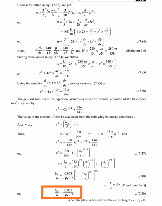 Upon substitution in eqn. (7.82), we get dx 3., ds 20 dx 10 α | 2842 .(7.84) or 10 dx δ 140 μ 140 dr 13ρυ 13 U 2 280 280 vx u