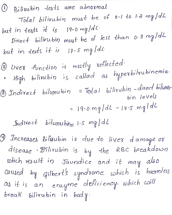 0 Bilirubin tests are abnormal 1 Total bilirubin must be of ool to 1.2 mg/dL but in tests it is 19.0 mg/dl Direct bilirubin m