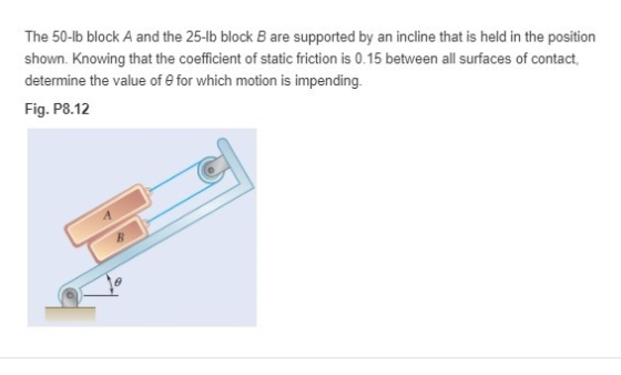 The 50-lb block A and the 25-lb block B are supported by an incline that is held in the position shown. Knowing that the coefficient of static friction is 0.15 between all surfaces of contact, determine the value of e for which motion is impending. Fig. P8.12 0