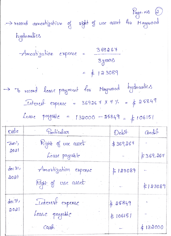 - Page No ③ right of use asset for Maywood -> record amortization of hydraulics 369267 Amortization expensez 3 4 2018 = $ 12
