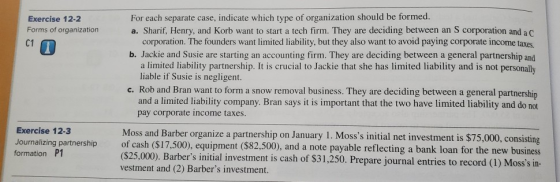 Exercise 12-2 Forms of organization C1 For each separate case, indicate which type of organization should be formed. a. Shari