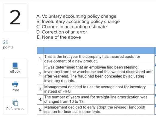 2 A. Voluntary accounting policy change B. Involuntary accounting policy change C. Change in accounting estimate D. Correctio