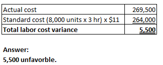 Actual cost Standard cost (8,000 units x 3 hr) < $11 Total labor cost variance 269,500 264,000 5,500 Answer: 5,500 unfavorble