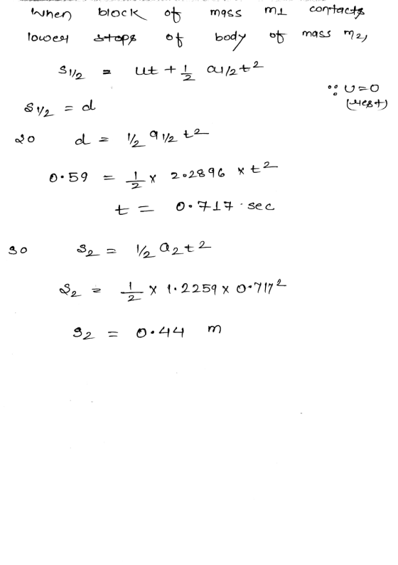 when block of mass me contacts lower stops of body of mass me, S12 = ut +4 2112+2 000=o eest) $y2 = c do d = ₂ 9 1/2 te 0.59