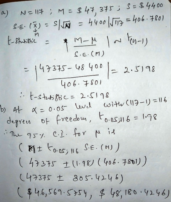 a) N=117; M = $47, 375; S = $ 4400 S.E. (I) = S/M = 4400 1517 = 406-7801 t-Sturistic = M-M IN Fn-l) S.E. (H) = 147375-48400 =