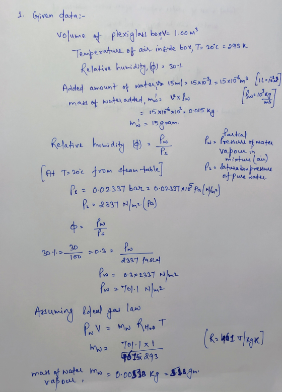 1. Given data:- volume of plexiglass box = 1.00m² Temperature of air inside box, T= 20° c = 293k Relative humidity (6) - 301