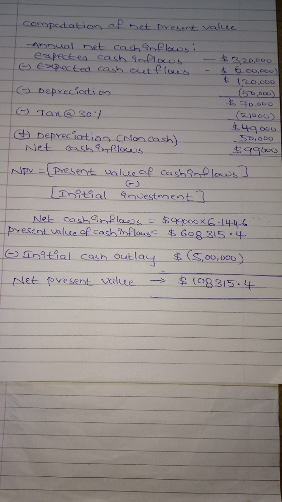computation of het prebent vakee Annual net cash anflows: Capected cash qoflocos - $320,000 o Expected cash ciet flows - $ 60
