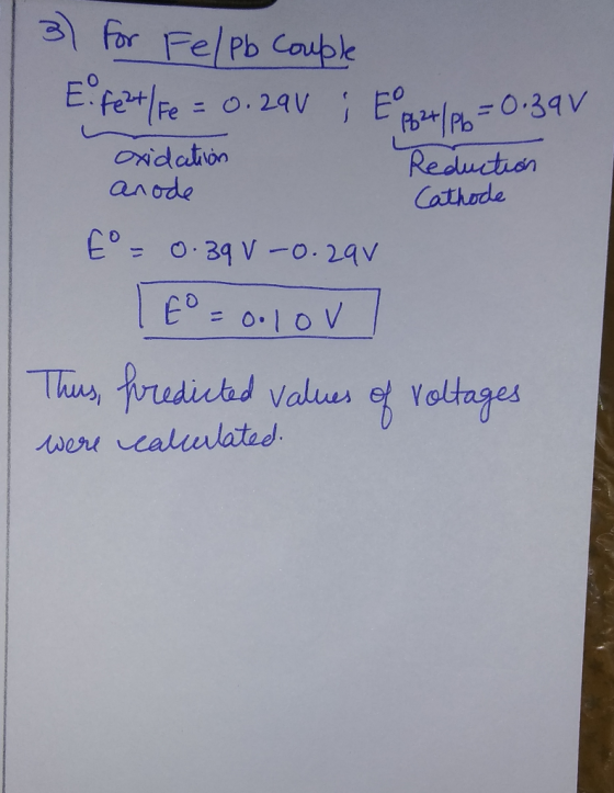 For Fel Pb Cauble EperPe b4Pb-0.39V Reduction Cathode = 0.29V E Oidation anode E 0.34 V -0.24V 1 ED = 0.10V Thus fredicbd Val