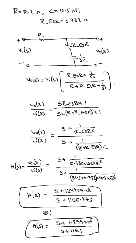 R=81-3 , c= 10.5uf, R_ESR=8.733 -matot &RER vils) +5 Vols) = vi(s) RESR+ Śc 7 | Rar_ertise) Vols) SR-ESRETI vils) - Sc(R+R_ES