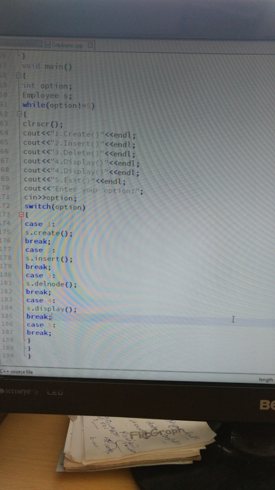 void main() 9 int option; Employee s; while(option!-5) 62申{ 63 clrscr); 64 cout<i.create() <endl; 65 cout<<2.Insert()<<end