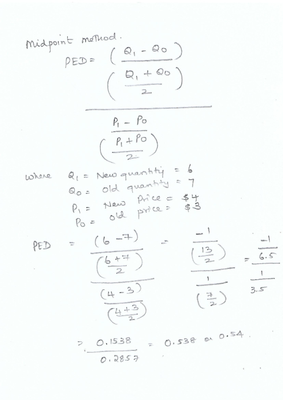 Midpoint method. PED: (2, -20) IQ, £ Pi-Po ( Pitpo) where Q, = New Qo: Old Pi = New quantity = 6 quantity 7 Price = $4 $3 Po