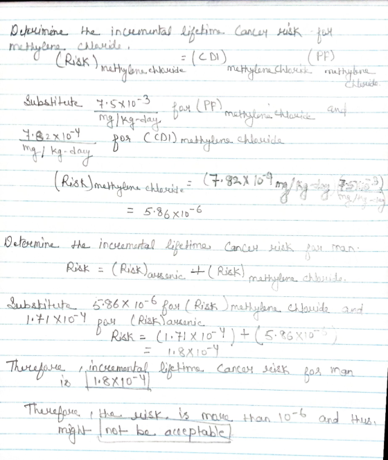 Deferimine the incremental lifetime Cancey risk for methylene chloride = 1CDI) (PE) st methylene chloride methylene chlork me