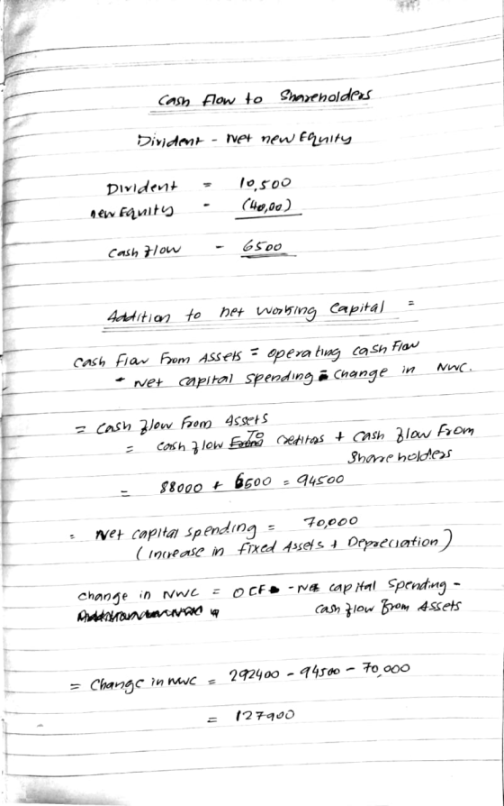 Cash Flow to Shareholders Divident net new Equity Divident new Equity 10.500 (40,00) 6500 Cash flow Addition to net working C