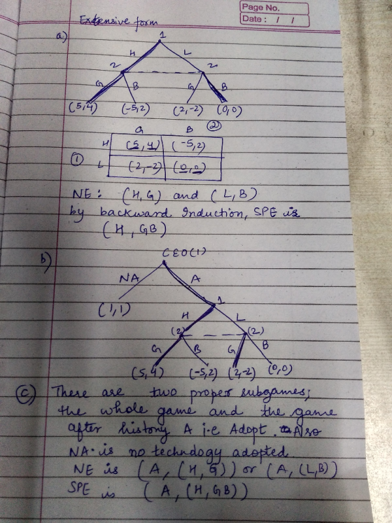 Extensive form Page No. Date : 1 1 1 ما 2 24 (514) (-5,2) (2,-2) 10o) 2 a B и t (5, 4) (-5,2) (2,-2) (oro) NE (HG) and (L,B)