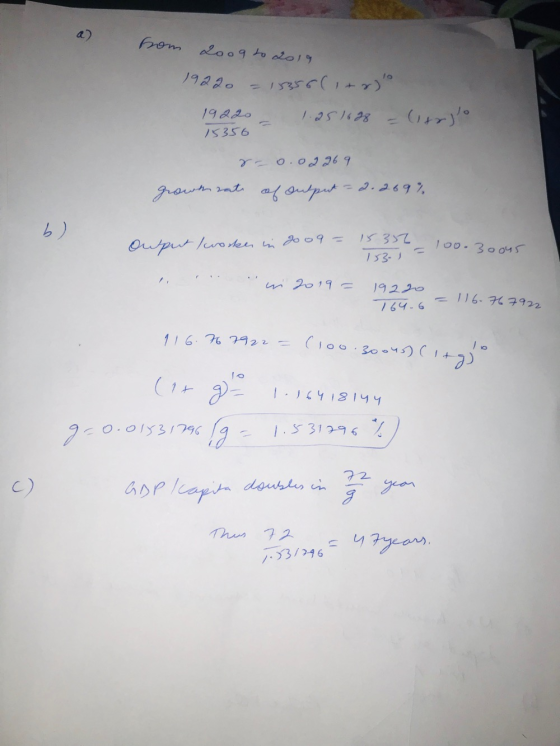from 2009 to 2019 19220 = 18356(1+r) 19920 - 1.251628 - (trgo 15356 r=0.02269 grown rate of output - 2.269% b) Ouput l worker