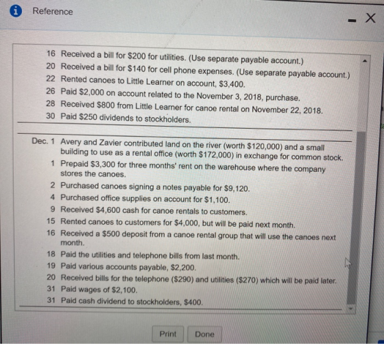 i Reference 16 Received a bill for $200 for utilities. (Use separate payable account.) 20 Received a bill for $140 for cell p
