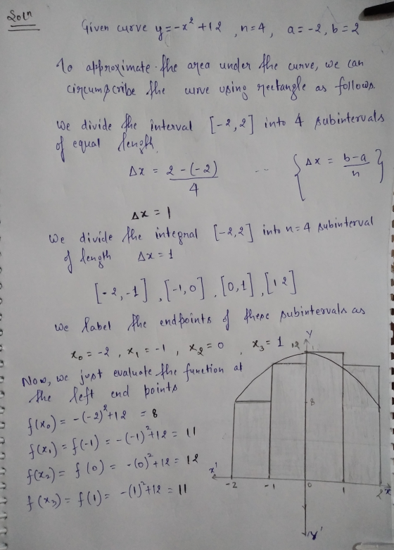 Soln Given curve y = -x ² +12 ,n=4, a = -2, 6=2 to approximate the area under the curve, we can circum & cribe the wire wore