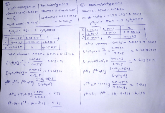 CH_N= Molarity = 0.1M | Hor: Mohrity = 0-1M 1 ② HBr molarity=0-IM volume=25m/=0.0252 volume = 12.5m1=0.012541 volume=23m1 = 0