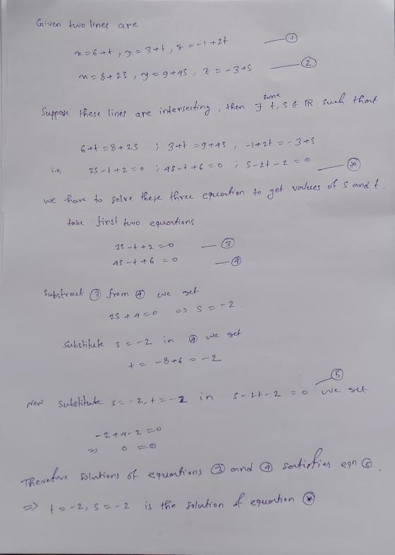 Given two lines are no 6tt, ya 37t, zar1+2+ 2 n=8+25, y=9+45 , Z =-345 ར sine Suppose these lines are intersecting, then oht,
